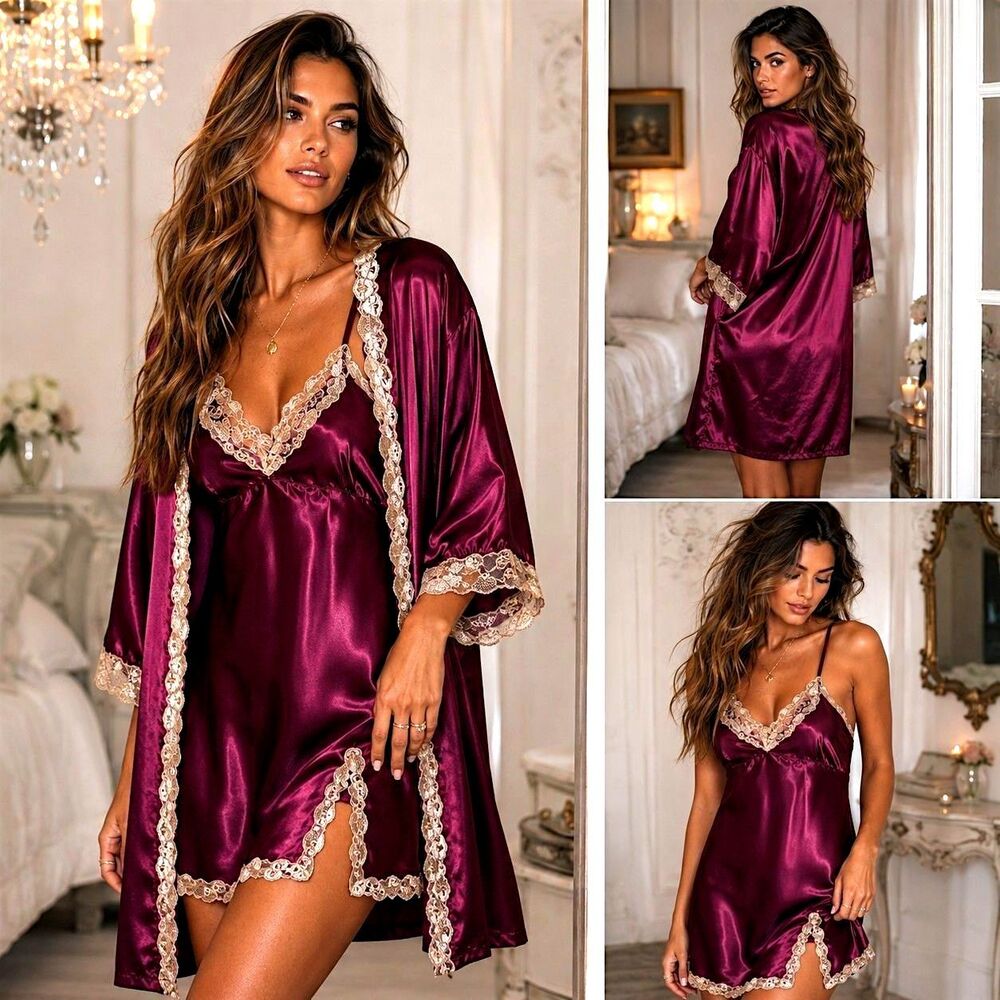 Y2K Coquette Wine Satin Chemise Robe Set S Lace Babydoll Lingerie 2pc Boudoir